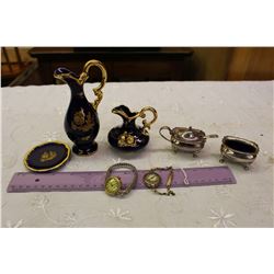 3 Piece Limoges French Porcelain, Pair Of Stamped Silver Salt Cellars & Vintage Watches (2)