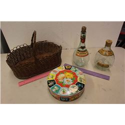Antique Picnic Basket w/Bottles & A Tin