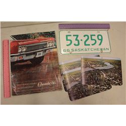 1966 Chevrolet Dealer Brochure, 1966 Sask Plate& 1950s Postcards