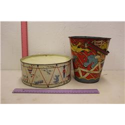 Tin Vintage Children Toys: A Bucket & Drum