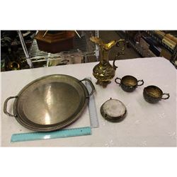Vintage Steel Coasters (6), Tin Cream & Sugar Set, Silver Platter & A Coffee Pot