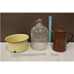 A Glass Jug & Enamel Pieces (2)