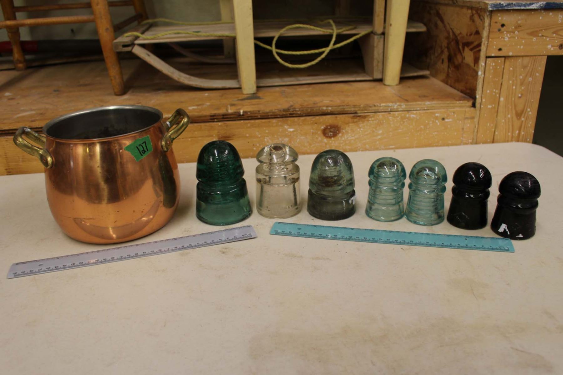 3 Qt. Copper Cooking Pot w/Brass Handles& An Assortment of Glass