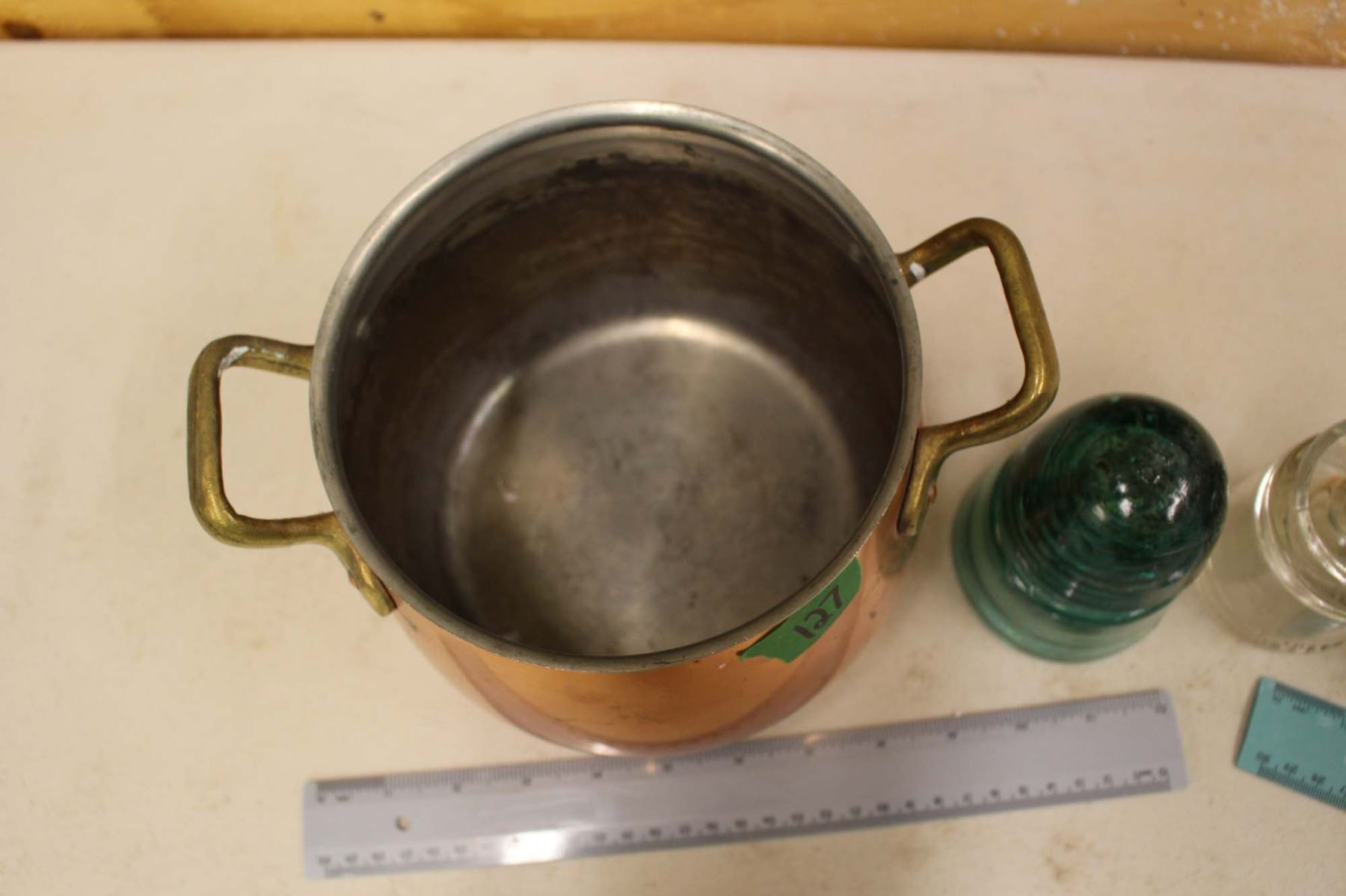 3 Qt. Copper Cooking Pot w/Brass Handles& An Assortment of Glass