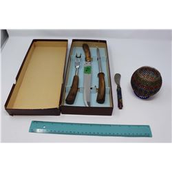 Horn Handled Carving Set (3 Piece) In Original Box, And A Beaded Relish Dish With Knife