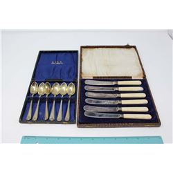 6 EPNS English Teaspoons In Case And 6 EPNs Bone Handled Knives In Case