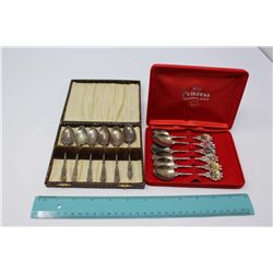 6 Decorative Dessert spoons in case and Set Of 6 Australian Collectors Spoons In Case