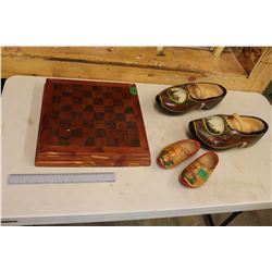 Wooden Chessboard w/2 Pairs Of Wooden Shoes (1 Child and 1 Adults, Nicely Painted and In Great Shape