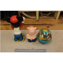 Vintage Toys: Mickey Mouse, Fisherprice 1960s Baby Toy, Plastic Piggy Bank