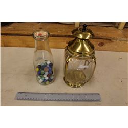 Pint Milk Bottle w/Marbles & A Decorative Musical Jar