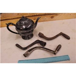 Iron Stove Shakers (3)& A Silver Plate Teapot w/Ebony Handle