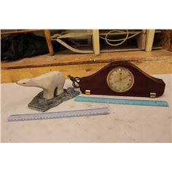 Hand Carved Wooden Bear on Marble Base & A General Electric Brass Faced Clock(Works)