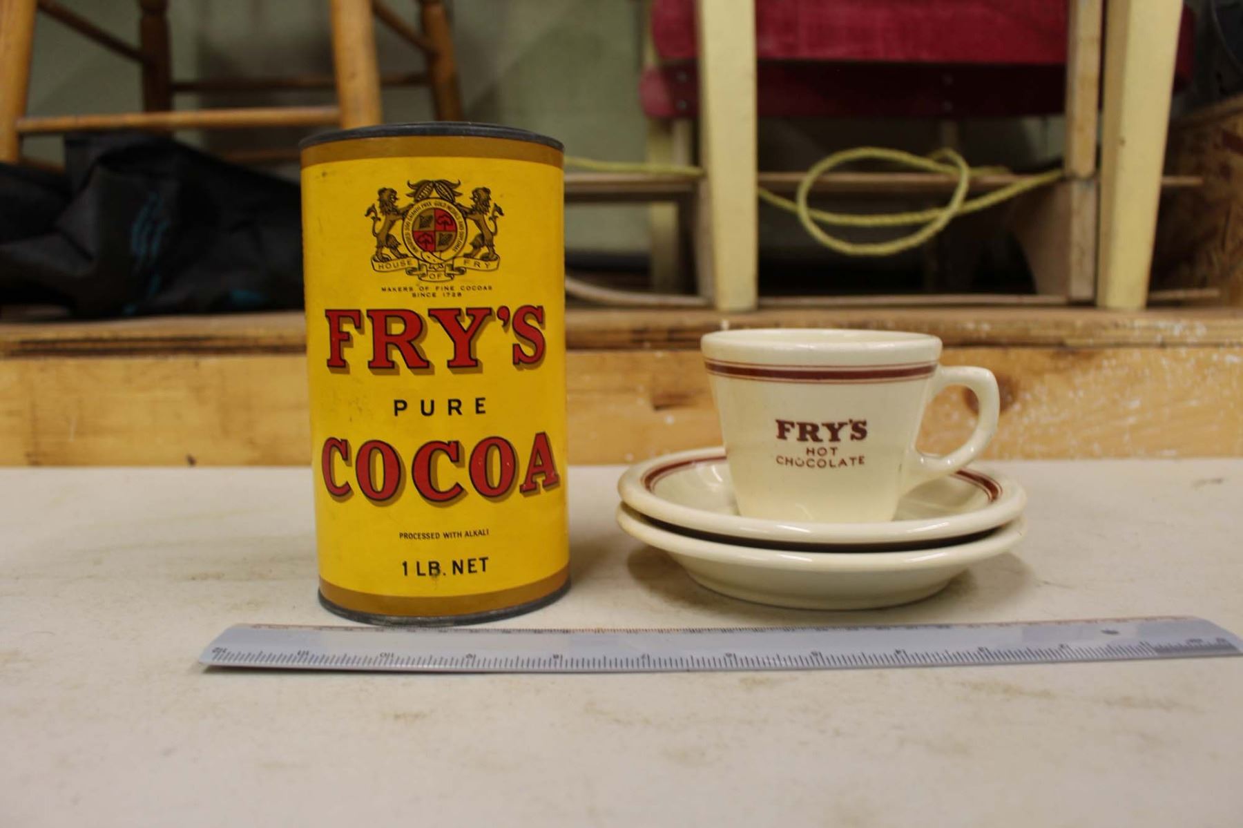 Vintage Fry's Cocoa Tin & A Cup w/Saucers (2)