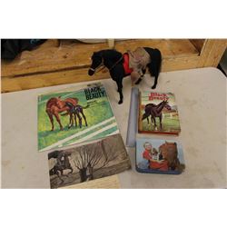 Vintage Black Beauty Records & Book & Toy Horse, Tin Container w/Crayons