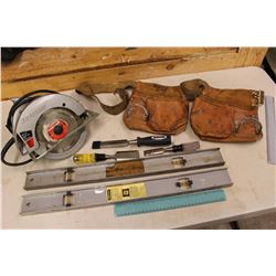 Working Skill Saw, Leather Carpenters Apron, Wood Chisels, Stanley Levels