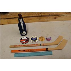 Vintage Hockey Related: Mini Wooden Hockey Sticks, Pins, Beer Cover