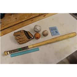 Vintage Baseball Related: Children Glove, Balls, A Bat, Etc