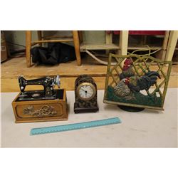 Miniature Singer Sewing Machine Supply Container, Clock& A Cast Iron Rooster Decoration
