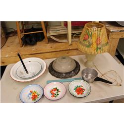 Lot of Vintage Misc (Working Lamp, Enamelware, Etc)