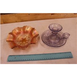 Purple Depression Glass Candle Holder & Carnival Glass Dish (No Chips or Cracks on Both)