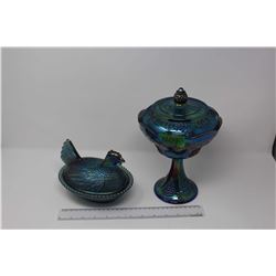 Pair Of Carnival Glass (Hen in Nest, Small Chip And Candy Dish)