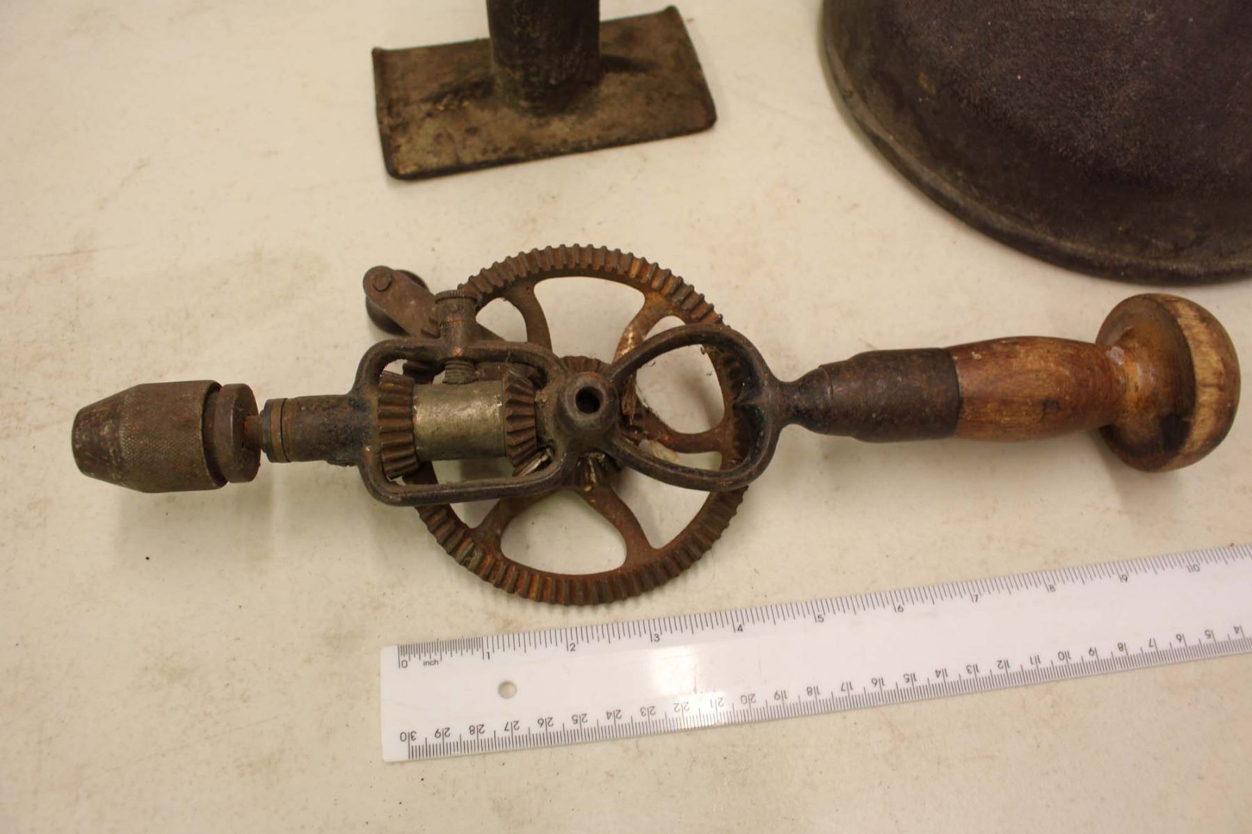 Vintage Tools Cast Iron Funnel, Hand Drill, Etc