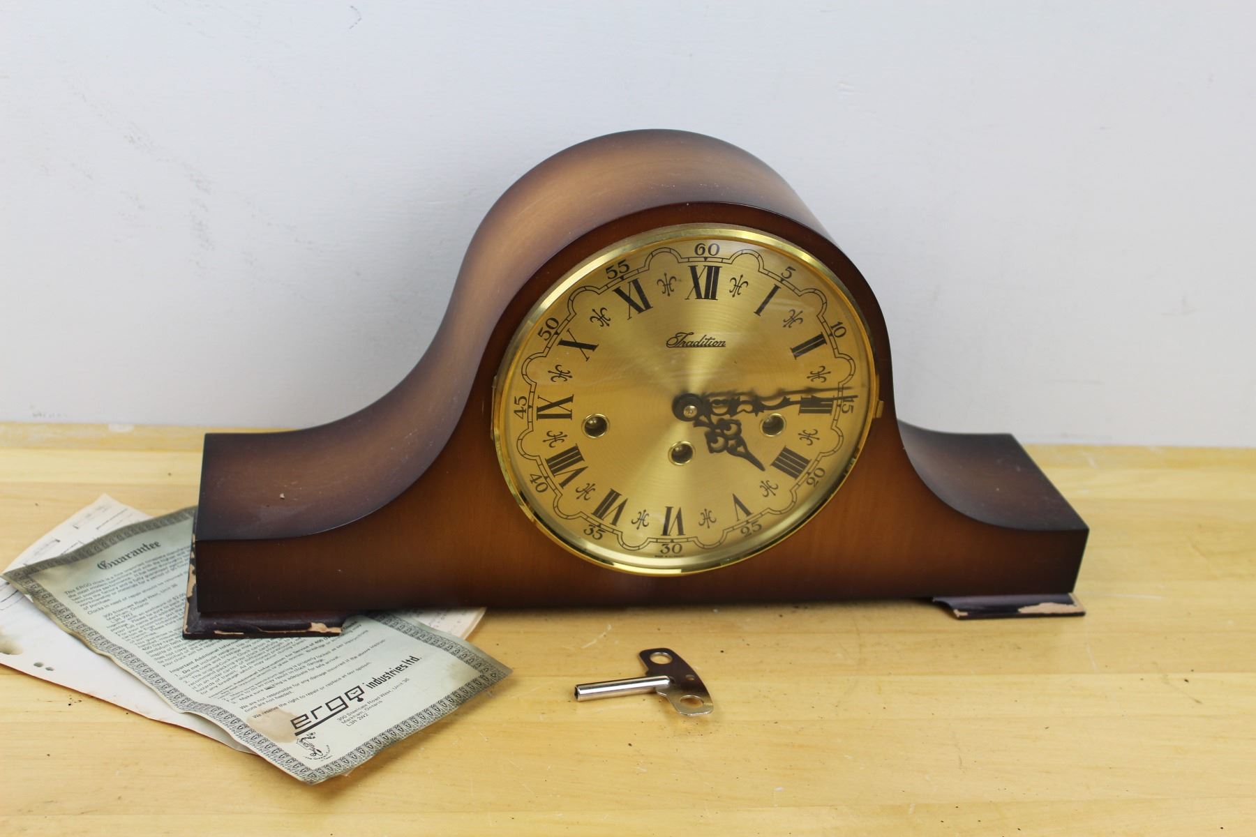 West Germany Ergo Key Wind Mechanical Chime Mantle Clock W/ Key