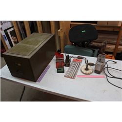 Metal Cabinet w/Drill Related: Black&Decker Drill Bit Sharpener(Working), Drill Sets, Etc