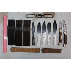 Various Knives, Fold Up Yard Sticks & A Leveler