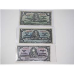 Lot Of 1937 Canadian $1, $5, $10 Bank Notes