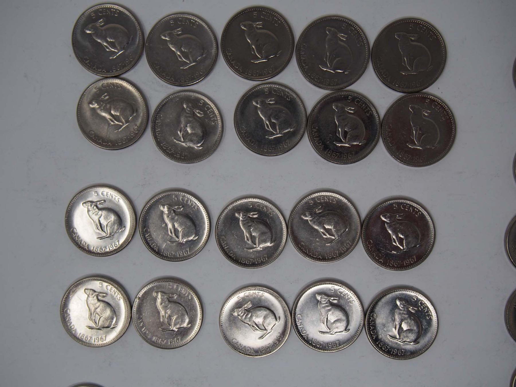 Lot OF 1967 Commemorative Canadian 5 Cent Coins (Rabbit/Hair faced)