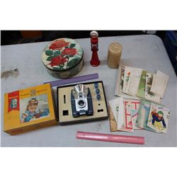 Vintage Misc: Brownie Flash 20 Outfit, Gas Pump Avon Bottle, Tin Rose Container, Etc