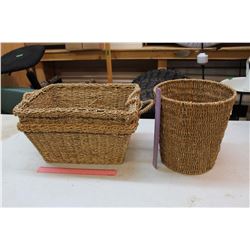 Wicker Baskets (2)& A Wicker Garbage Can