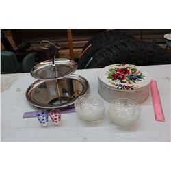 2 Tier Serving Tray, Tin Container, 2 Shot Glasses & Bowls