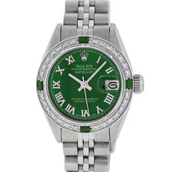 Rolex Stainless Steel Green Roman Diamond and Emerald DateJust Ladies Watch