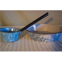 Blue granite shallow pan and dipper