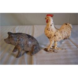 Two cast iron banks, pig and rooster