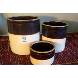 Lot of 3, brown and white crocks