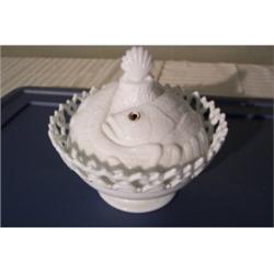 Milk glass compote, fish lid