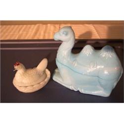 Milk glass hen and camel