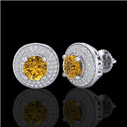 2.35 CTW Intense Fancy Yellow Diamond Art Deco Stud Earrings 18K White Gold - REF-236Y4N - 38134