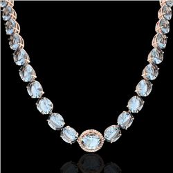 136 CTW Aquamarine & VS/SI Diamond Halo Micro Eternity Necklace 14K Rose Gold - REF-1363R6K - 22288