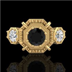 1.01 CTW Fancy Black Diamond Solitaire Art Deco 3 Stone Ring 18K Yellow Gold - REF-96Y4N - 37466