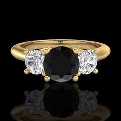 1.5 CTW Fancy Black Diamond Solitaire Art Deco 3 Stone Ring 18K Yellow Gold - REF-136X4T - 38264