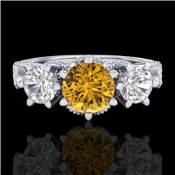 2.18 CTW Intense Fancy Yellow Diamond Art Deco 3 Stone Ring 18K White Gold - REF-254W5H - 38113