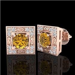 1.63 CTW Intense Fancy Yellow Diamond Art Deco Stud Earrings 18K Rose Gold - REF-176R4K - 38163