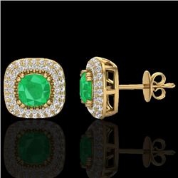 2.16 CTW Emerald & Micro VS/SI Diamond Earrings Double Halo 18K Yellow Gold - REF-105W6H - 20345