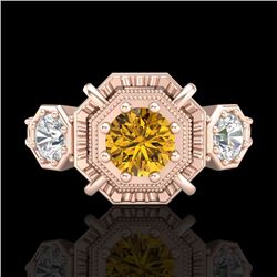 1.01 CTW Intense Fancy Yellow Diamond Art Deco 3 Stone Ring 18K Rose Gold - REF-165M5F - 37470