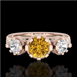 1.75 CTW Intense Fancy Yellow Diamond Art Deco 3 Stone Ring 18K Rose Gold - REF-227K3R - 37883