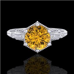 1.17 CTW Intense Fancy Yellow Diamond Engagement Art Deco Ring 18K White Gold - REF-180H2W - 38036